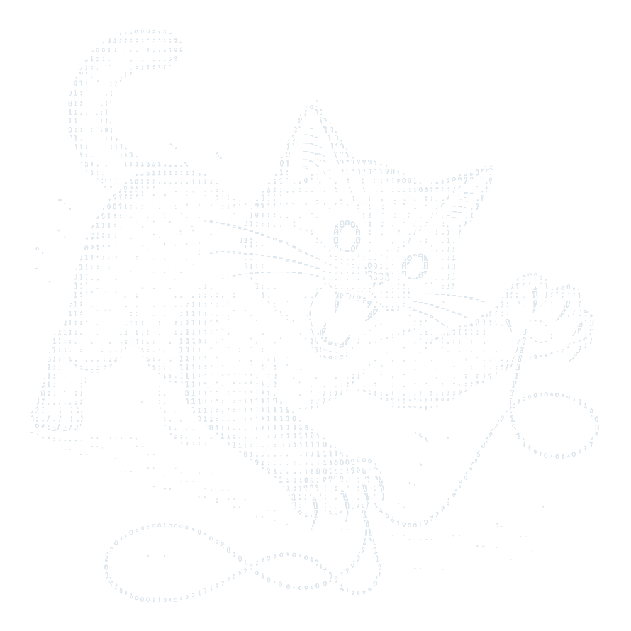 A playful cat made from binary characters, showing its teeth while attacking a loose string.